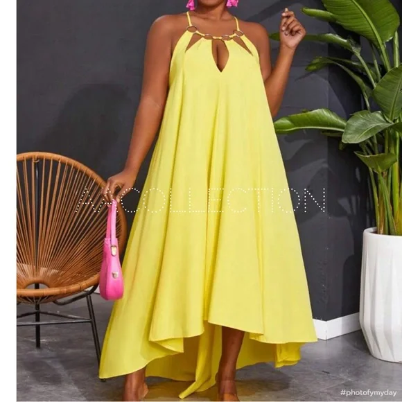 Boho Plus Size Backless Open Neck Halter Neck Cut Out A Line Maxi Dress Yellow - Picture 2 of 4